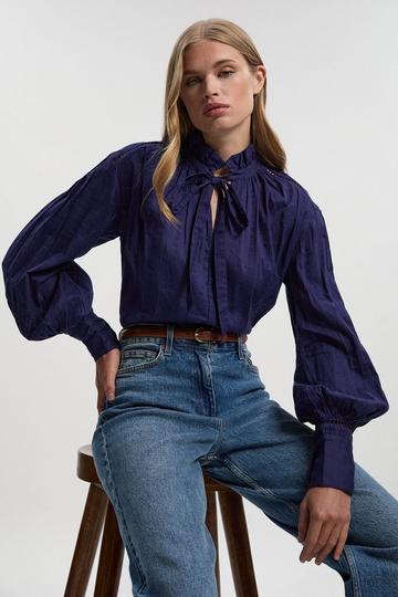 Cotton With Lace Trim Insert High Neck Puff Sleeve Blouse navy
