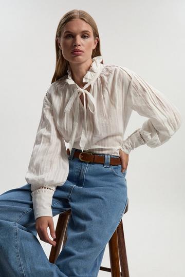 White Cotton With Lace Trim Insert High Neck Puff Sleeve Blouse