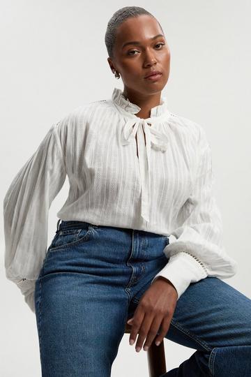 Plus Size Cotton With Lace Trim Insert High Neck Puff Sleeve Blouse white