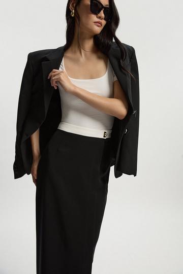 Black Twill Contrast Hardware Woven Midi Skirt