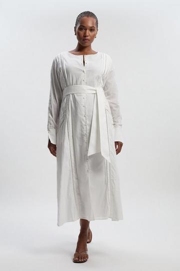 Plus Size Cotton With Lace Trim Insert Woven Long Sleeve Midi Dress white