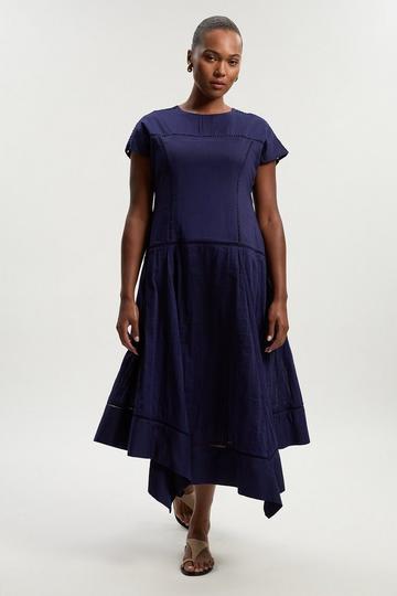 Navy Plus Size Cotton With Lace Trim Insert Hanky Hem Woven Midi Dress