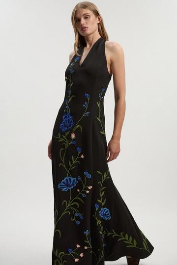 Placed Floral Halter Embroidered Crepe Woven Maxi Dress black
