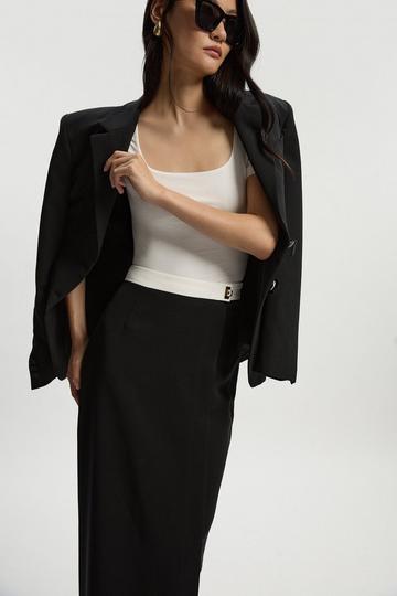 Black Petite Twill Contrast Hardware Woven Midi Skirt