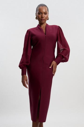 Plus Size Figure Bandage Figure Form Zip Detail Chiffon Sleeve Knit Dress burgundy
