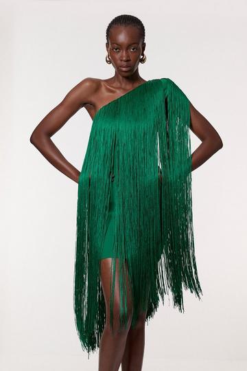 Green Tall Figure Form Bandage One Shoulder Fringe Mini Knit Dress