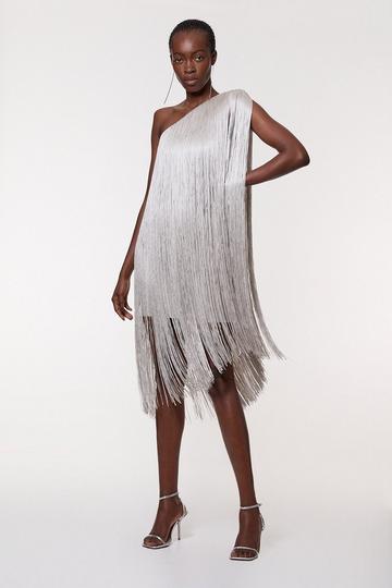 Tall Figure Form Bandage One Shoulder Fringe Mini Knit Dress silver