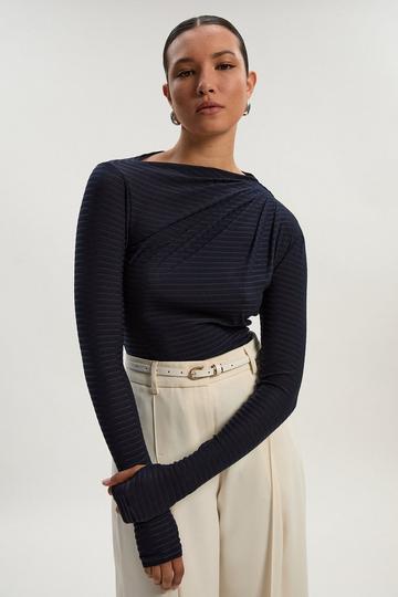 Textured Ruched Jersey Long Sleeve Top navy