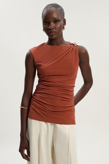 Drapey Crepe Trim Detail Ruched Top rust