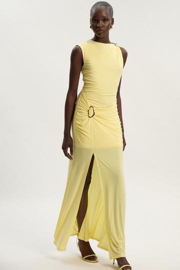 Drapey Crepe Trim Detail Ruched Maxi Dress lemon