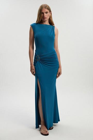 Drapey Crepe Trim Detail Ruched Maxi Dress teal