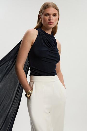 Premium Slinky Crepe High Neck Scarf Detail Bodysuit navy