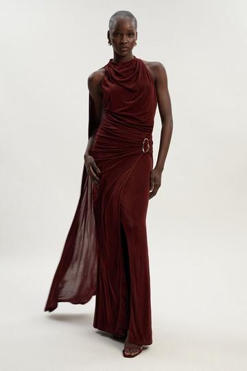 Premium Slinky Crepe High Neck Scarf Detail Maxi Dress chocolate