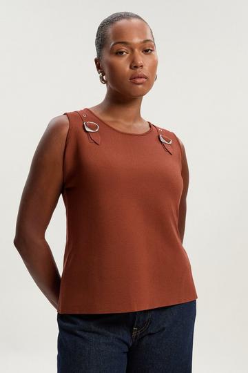 Plus Size Buckle Trim Knitted Top brown
