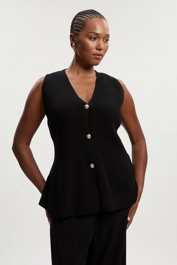 Plus Size Ribbed Cotton Knitted Waistcoat black