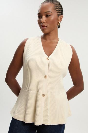 Plus Size Ribbed Cotton Knitted Waistcoat cream