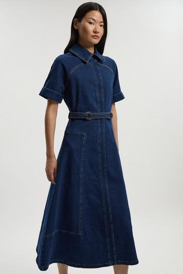 Stretch Denim Tab Belt Detail Midi Dress mid wash