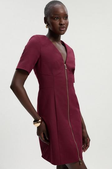 Tall Techno Cotton Short Sleeve Zip Detail Woven Mini Dress burgundy