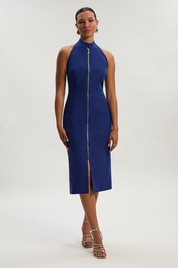 Petite Techno Cotton Halter Neck Zip Detail Woven Midi Dress cobalt