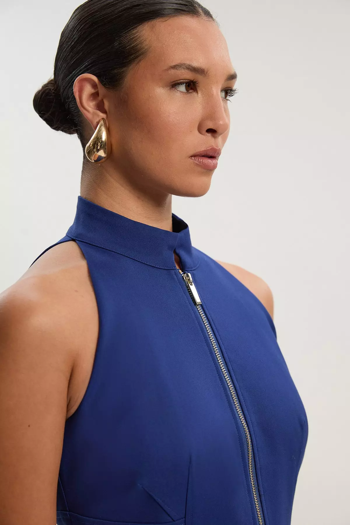 Petite Techno Cotton Halter Neck Zip Detail Woven Midi Dress