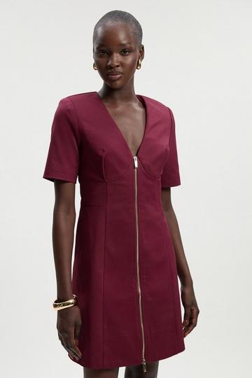 Techno Cotton Short Sleeve Zip Detail Woven Mini Dress burgundy