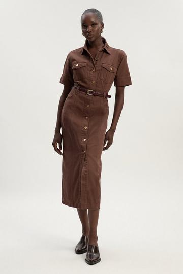 Denim Short Sleeve Shirt Dress chocolate