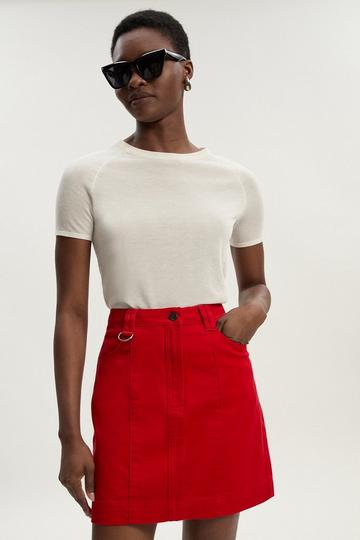 Red Denim Seamed Mini Skirt