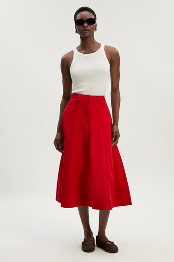 Red Denim 5 Pocket Midi Skirt