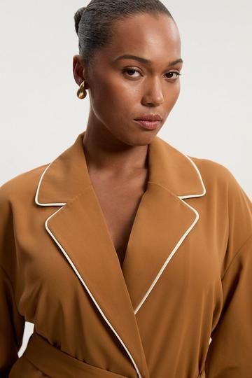 Plus Size Contrast Tipping Tie Waist Woven Trench Jacket camel