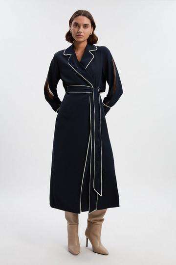 Contrast Tipping Tie Waist Long Sleeve Woven Trench Midi Dress navy