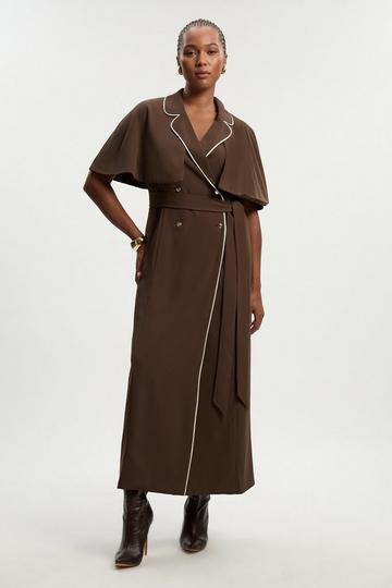 Plus Size Contrast Tipping Tie Waist Short Sleeve Woven Trench Midi Dress chocolate