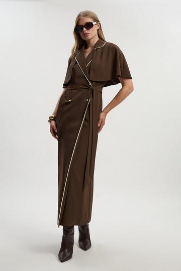 Contrast Tipping Tie Waist Short Sleeve Woven Trench Midi Dress chocolate