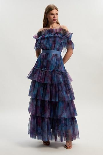 Floral Print Tulle Layered Off The Shoulder Maxi Dress floral