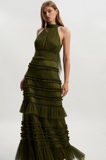 Tulle Layered Halter Neck Maxi Dress khaki