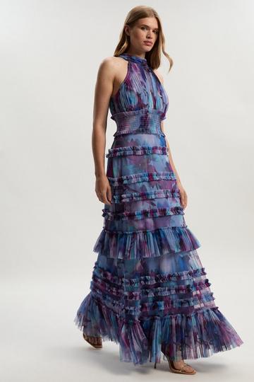 Floral Multi Tulle Layered Halter Neck Maxi Dress