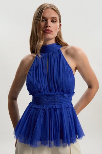 Tulle Layered Halter Neck Blouse cobalt