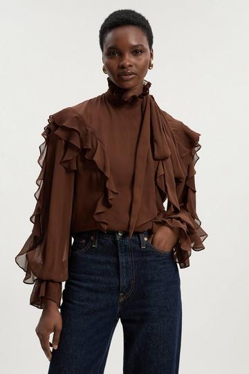 Georgette Ruffle Woven Pussy Bow Blouse chocolate