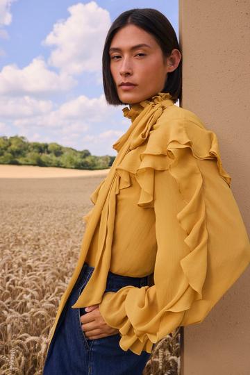 Georgette Ruffle Woven Pussy Bow Blouse ochre