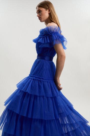 Tulle Layered Off the Shoulder Maxi Dress cobalt
