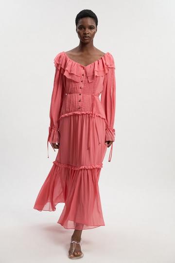Georgette Ruffle Woven Maxi Dress coral