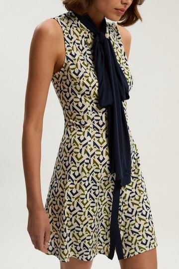 Petite Geo Print Crepe Tie Neck Mini Dress mono
