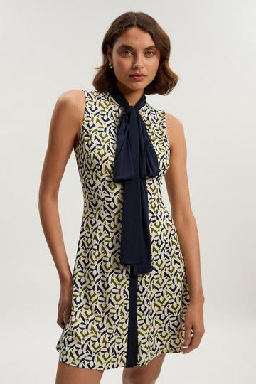 Tall Geo Print Crepe Tie Neck Mini Dress mono