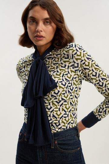 Geo Print Crepe Tie Neck Crepe Shirt mono