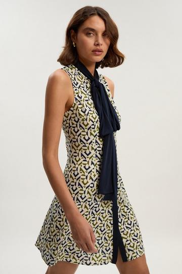 Geo Print Crepe Tie Neck Mini Dress mono