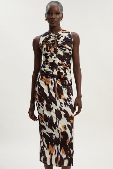 Petite Animal Print Crepe Cut Out Neck Midi Dress animal