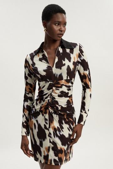 Animal Print Crepe Collared Mini Dress animal