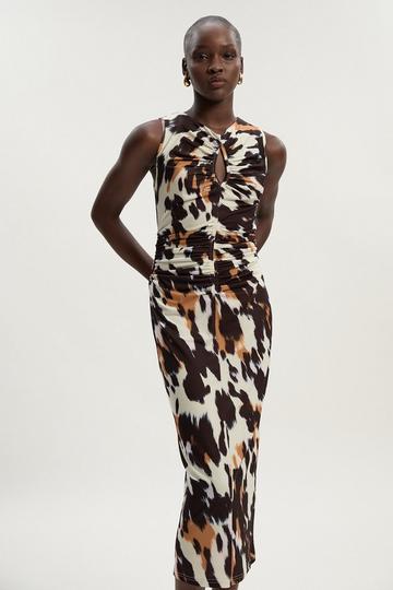 Animal Print Crepe Cut Out Neck Midi Dress animal