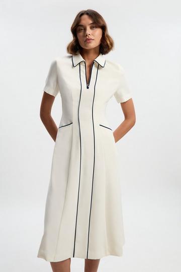 Tailored Crepe Tipped Tailored Midi Shirt Dress ivory