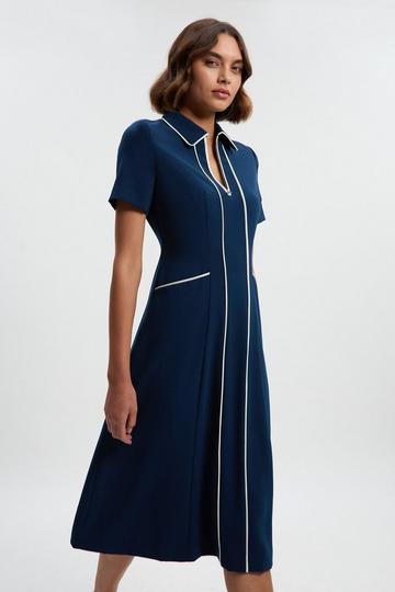 Navy Tailored Crepe Tipped Tailored Midi Shirt Dress