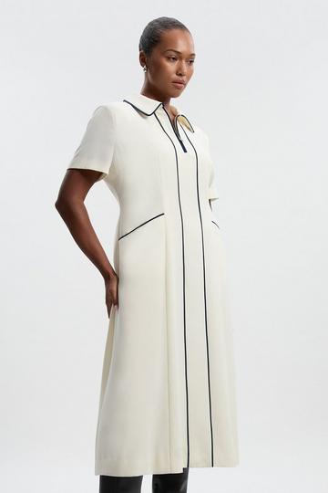 Plus Size Tailored Crepe Tipped Tailored Midi Shirt Dress ivory